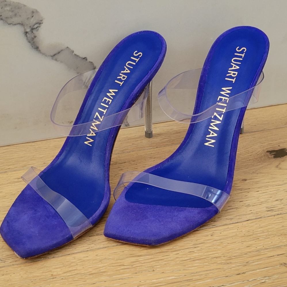 STUART WEITZMAN SANDAL, CRYSTAL BLUE, SIZE 37.